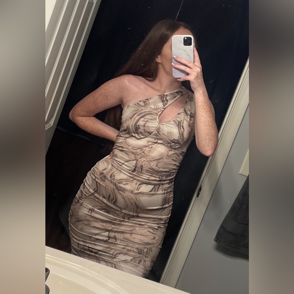 Neutral Marble Tan/Brown One Shoulder Key Hole Mini Dress - Picture 6 of 6